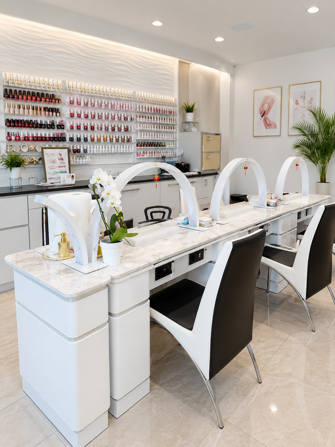 Bright manicure bar with white stations, polish shelves, and plants
